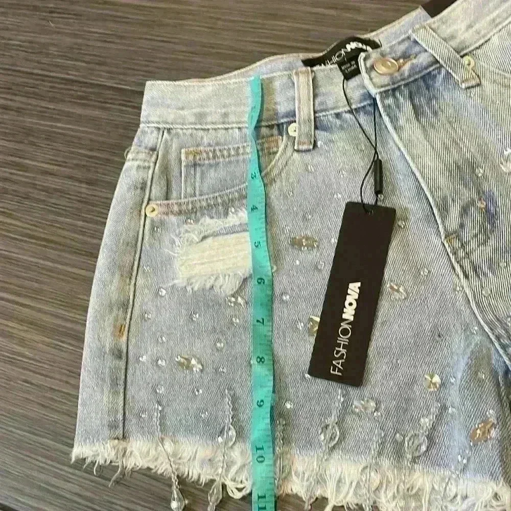 Embellished Crystals Denim Jeans Shorts Sz 1 - Picture 14 of 14